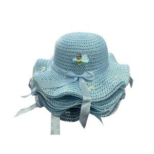 SET of 10 Elegant Blue Straw Wide Brim Ribbon Accent Girls/Toddler Sun Hat